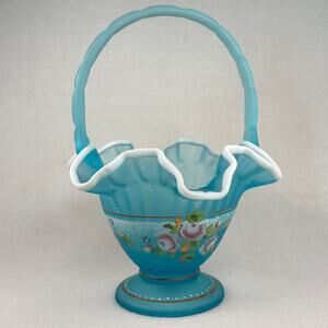 Bill Fenton Art Glass Hand Painted Basket Charleton Collection 2002 Blue Topaz